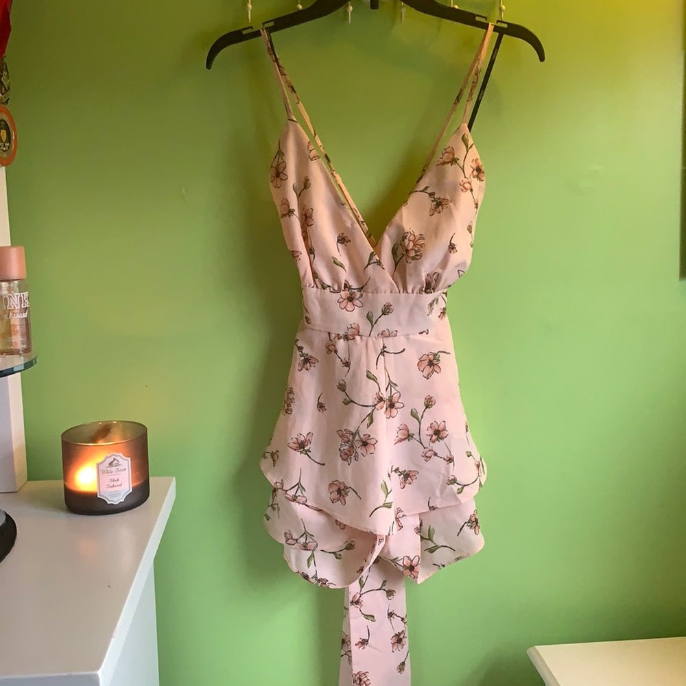 Floral Print Layered-Hem Romper in Blush with pink/green flowers